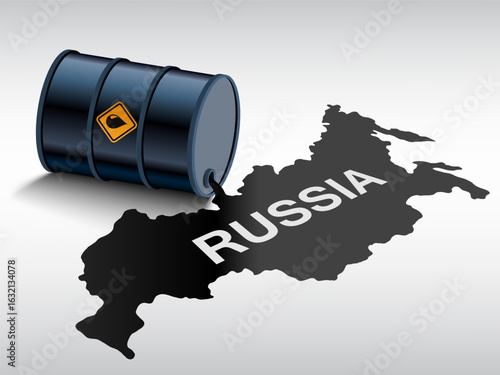 Crude oil from a barrel is poured onto the map of Russia. Vector illustration