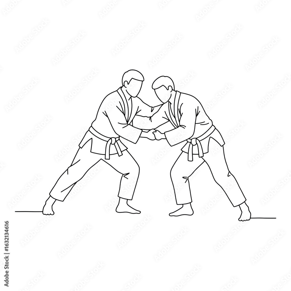 Fototapeta premium Two martial artists grappling in white outline isolated on a transparent background arts judo