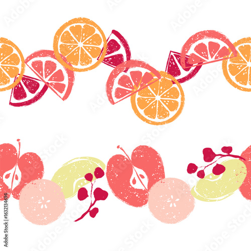 Apple and Citrus Fruit Slices Vector Seamless Borders Set