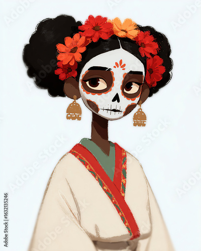 Illustration of a woman with Calavera makeup for Dia de los Muertos, wearing a traditional costume with colorful embroidery and flowers in her hair. Digital art with a unique style.