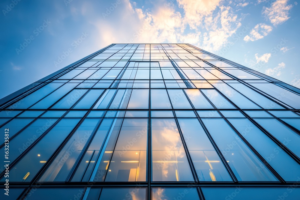 Fototapeta premium Modern glass office building reflecting sky