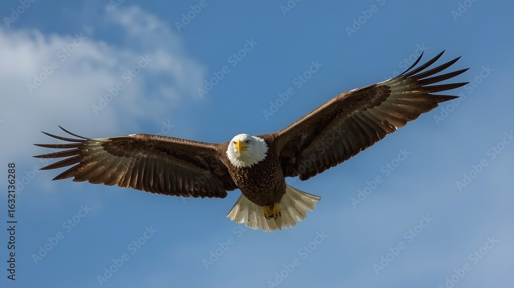 Obraz premium Majestic Bald Eagle in Flight Against Blue Sky