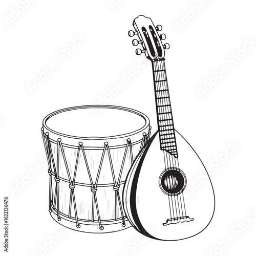 Monochromatic Musical Harmony An Elegant Composition Featuring a Mandolin Leaning on a Tightly Stretched Drum Ready for Rhythm
