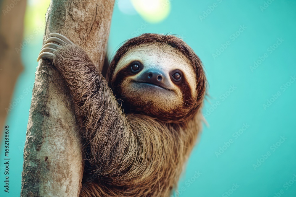 Fototapeta premium Surprised sloth hanging with open mouth on bright background