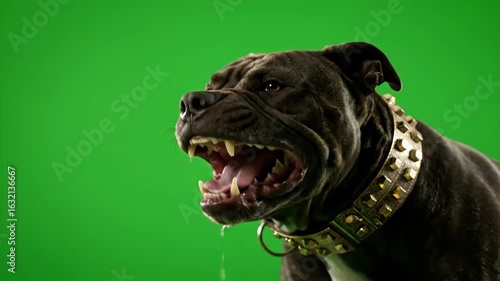 Pit bull dog. 4K Real black pit bull dog barking. Green screen chroma key. Close up. Slow Motion. Animal Graphic Resources.
