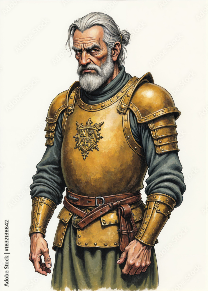 Fototapeta premium Middle-aged man in dented bronze armor with olive tunic and gray hair – old-school RPG soldier or retired knight character design for classic fantasy tabletop roleplaying settings
