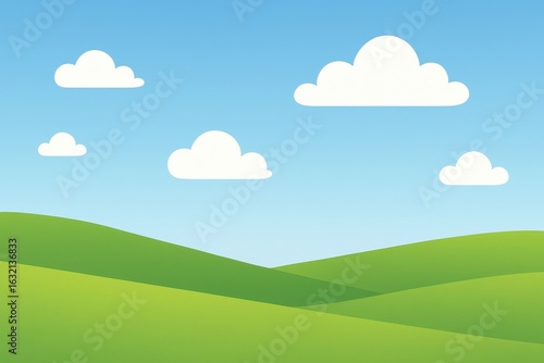 Minimalist natural landscape illustration with rolling green hills and clear blue sky for digital design applications