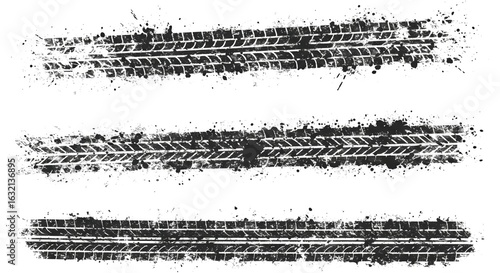 Vector black-and-white tire tracks and skid marks designed for rally, motocross, drifting, drag racing, and off-road vehicles, featuring grunge splatter and tread patterns for car and bike graphics.
