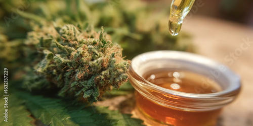 A drop of CBD oil drips from the dropper into a glass bottle, with a blurred cannabis bud in the background. Ideal for illustrating the use of natural products.