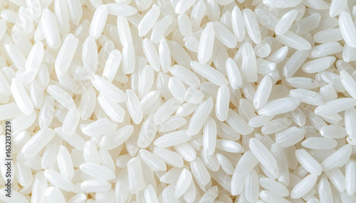 White polished rice grains closeup in natural neutral light setting