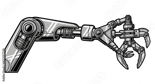 Illustration of a metallic robotic arm with a claw like gripper extending to the right side view