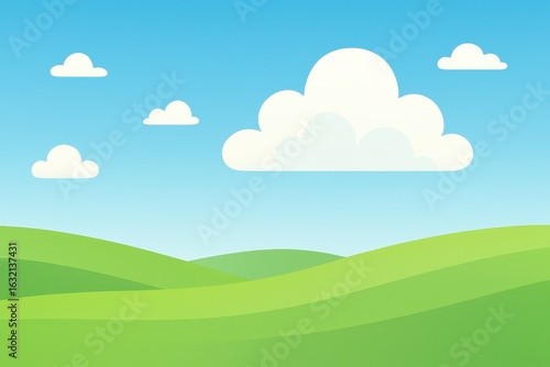 Minimalist natural landscape illustration with rolling green hills and clear blue sky for digital design applications