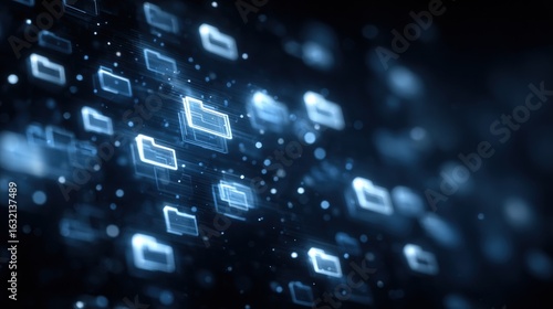 Abstract network grid with files and folders, futuristic software interface, digital document management system, store, search and organize documents, corporate business, paperless office	
