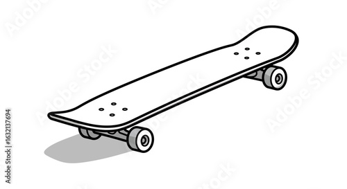 A skateboard is angled with a shadow underneath it and shows the wheels and the board with bolts on it