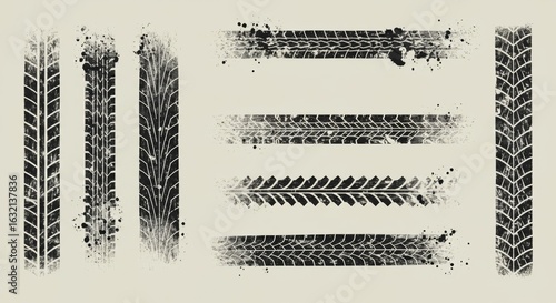 Vector black-and-white tire tracks and skid marks designed for rally, motocross, drifting, drag racing, and off-road vehicles, featuring grunge splatter and tread patterns for car and bike graphics.
