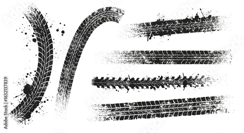 Vector black-and-white tire tracks and skid marks designed for rally, motocross, drifting, drag racing, and off-road vehicles, featuring grunge splatter and tread patterns for car and bike graphics.
