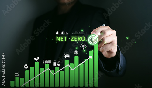 Net zero green graph representing recycling environmental sustainability renewable resource save, reduce global warming resource globe, symbolizing digital context Net Zero with eco-friendly
