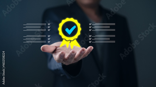 Quality assurance concept checklist. Digital quality standards, certification A person a digital checklist and certificate, achievement and verification guarantee control and service workflow business