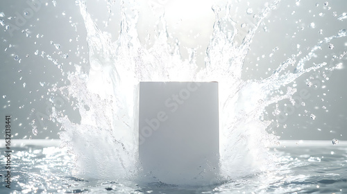 Clean white carton centered with symmetrical burst of water surrounding it in slow motion, sunlight from overhead forming high-contrast detail lines,