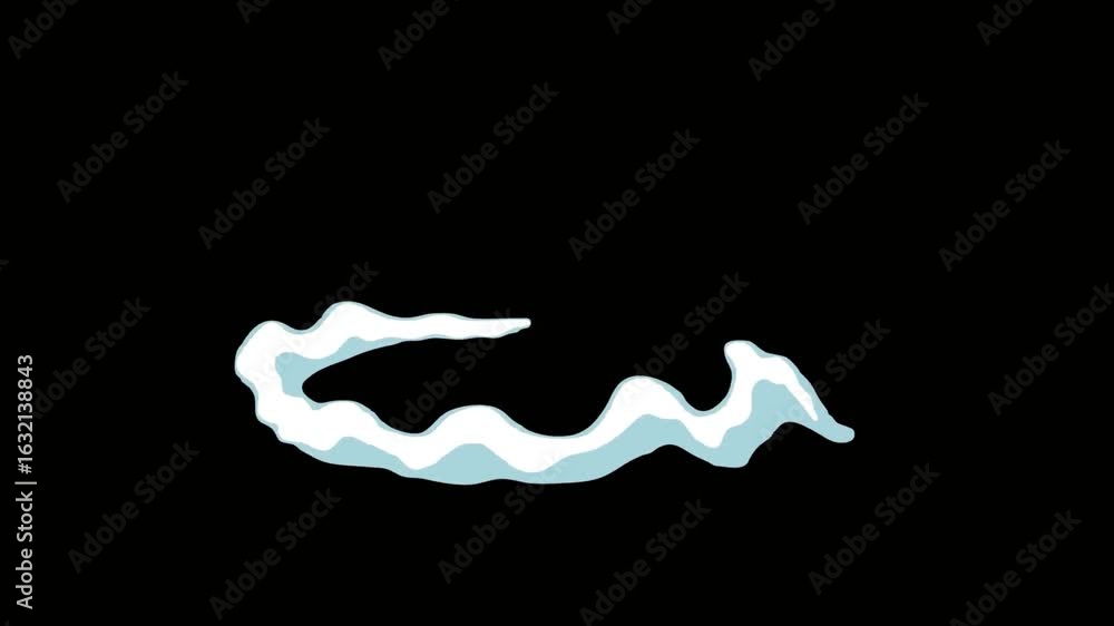 White cartoon smoke trail on black background. Suitable for animation, motion graphics, illustrations, and visual effects projects, adding a dynamic element.