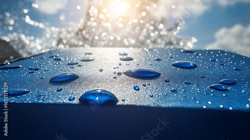 Deep matte blue carton with droplets clinging to its surface, overhead sun casting sharp and clean light on water bursting in the background, ultra-minimal style,