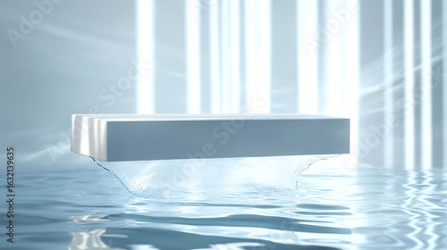 Frost white luxury carton balanced above shimmering water surface, gentle wave-like splash rising behind, top-down sunlight casting long vertical streaks,