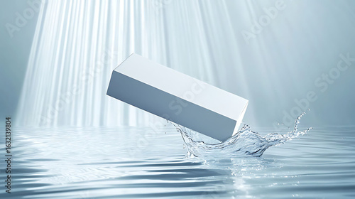 Frost white luxury carton balanced above shimmering water surface, gentle wave-like splash rising behind, top-down sunlight casting long vertical streaks,