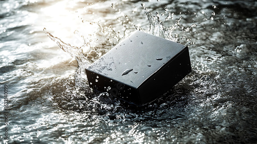 Jet-black carton diagonally positioned over a textured, shallow water layer, splash captured in motion, light breaking through above adds dynamic highlights,