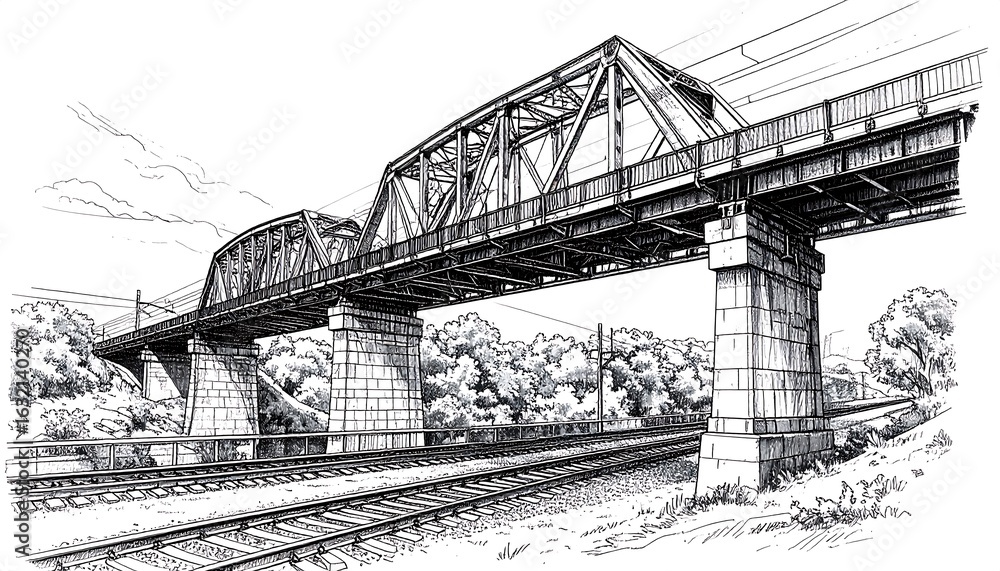 Fototapeta premium Detailed ink drawing of a railway bridge with a clear sky background, evoking a sense of engineering