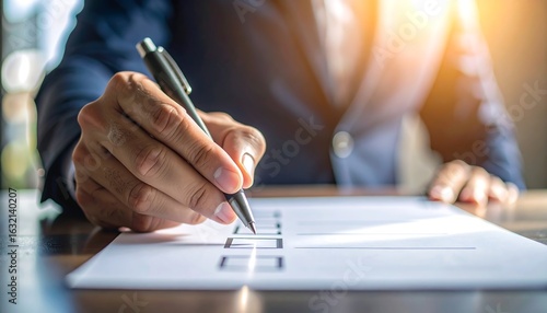 Business person filling out checklist with pen in bright sunlight