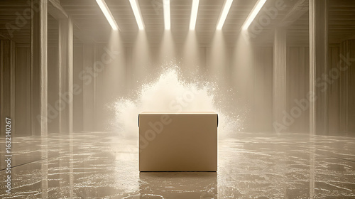 Light taupe carton with embossed edges centered over a glass-textured floor, soft splash behind illuminated by sharp overhead beams, minimal monochrome palette,