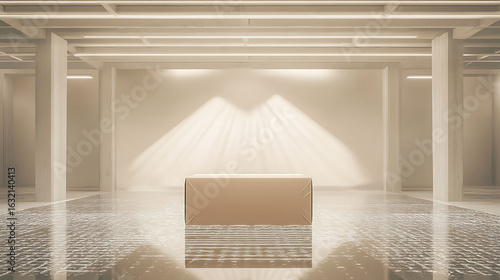 Light taupe carton with embossed edges centered over a glass-textured floor, soft splash behind illuminated by sharp overhead beams, minimal monochrome palette,