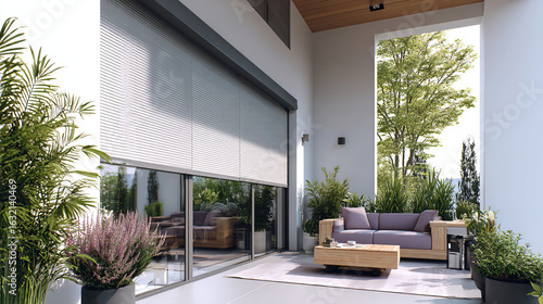 Modern patio with gray roller blinds, wooden furniture, and plants, creating a designer retreat for private outdoor relaxation.