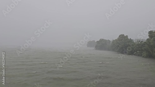 A body of water with trees in the background