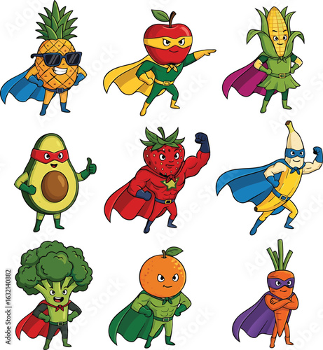Colorful cartoon superhero fruits and vegetables with capes and masks representing superheroes