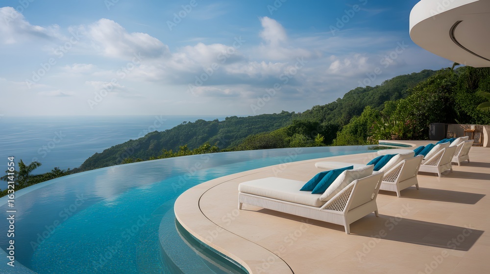 Fototapeta premium Luxury Resort with Infinity Pool: A breathtaking view from the top of the world featuring a luxurious infinity pool, plush seating, overlooking the scenic vast ocean under a beautiful sky