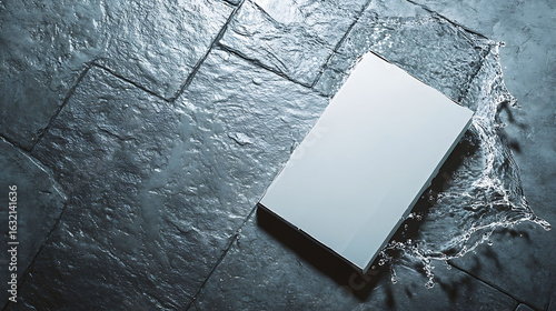 Minimalist carton in pale gray tone, lying at an angle on textured slate floor with water splashing diagonally from lower right, strong light reflections from above,