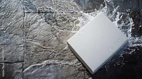 Minimalist carton in pale gray tone, lying at an angle on textured slate floor with water splashing diagonally from lower right, strong light reflections from above,