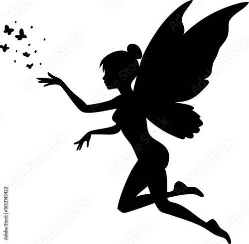 Whimsical fairy silhouette with ornate wings