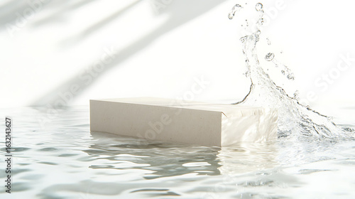 Textured soft-beige carton partially submerged in shallow water, subtle splash mid-rise behind it, minimalist shadows and clean overhead illumination,