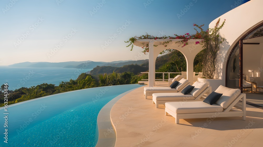 Fototapeta premium Luxurious Resort with Infinity Pool: A stunning coastal villa epitomizes luxury, featuring an expansive infinity pool that merges seamlessly with the breathtaking horizon. Relaxing on a sunbed.