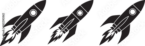 Rocket vector illustration in cartoon art style with simple design and metal elements, Rocket Ship Icon Set Black Silhouette Vector for Startup and Space.