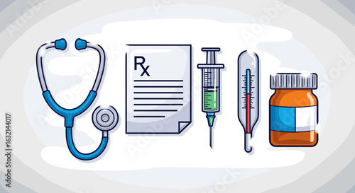 Illustration of medical equipment including a stethoscope prescription syringe and thermometer