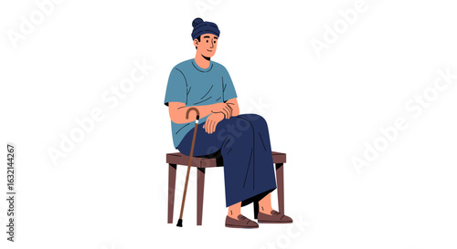 Illustration of a man with a turban sitting on a stool with a cane resting beside him in a relaxed pose