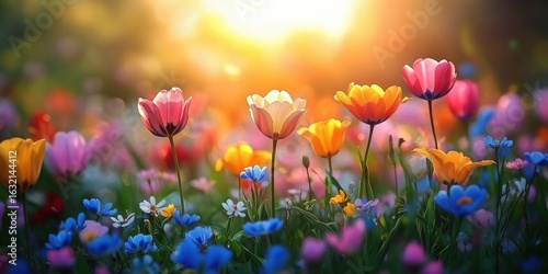 A vibrant field of flowers in various colors, illuminated by soft sunlight, creating a serene and cheerful atmosphere.