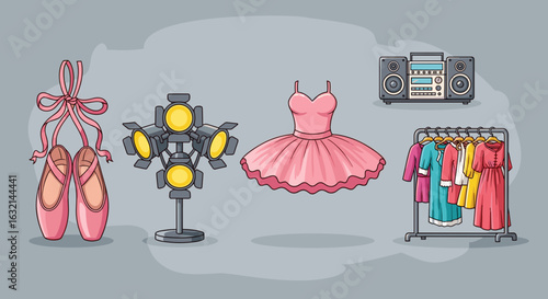 Illustration showing ballet shoes, stage lights, pink tutu, boombox, and dresses on a clothing rack