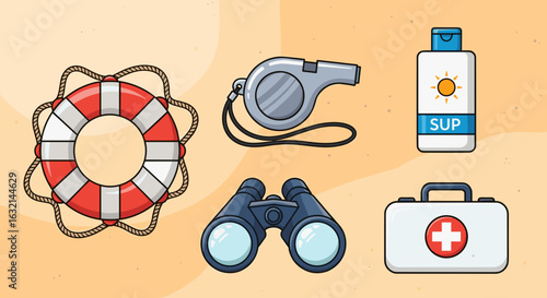 Illustration showing lifeguard equipment including a life preserver and first aid kit on a tan background