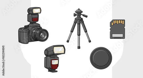 Illustration of a camera with flash, tripod, external flash, memory card and lens cover equipment
