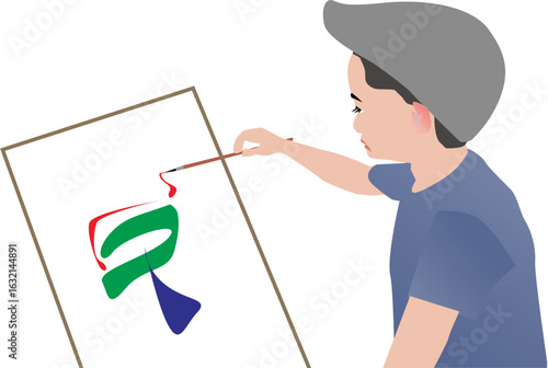 Vector illustration of a young boy wearing a beret, painting abstract art on a canvas using a brush, in flat cartoon style