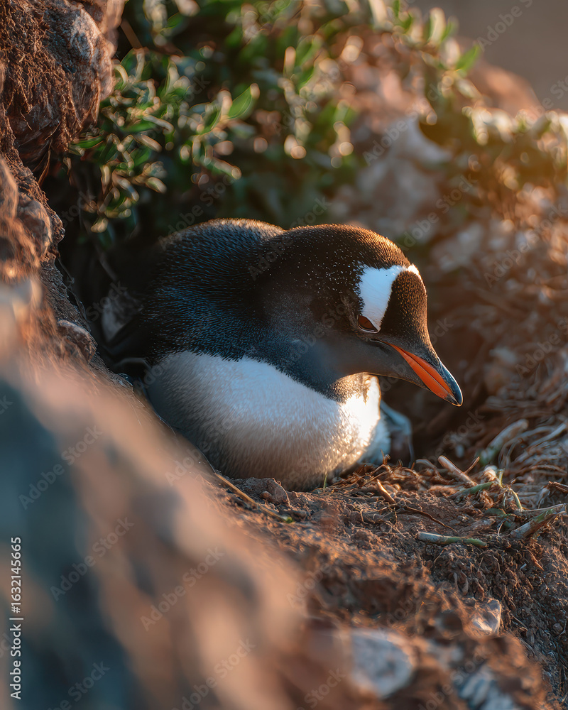 Naklejka premium Penguin Guarding Nest Soft Morning Light